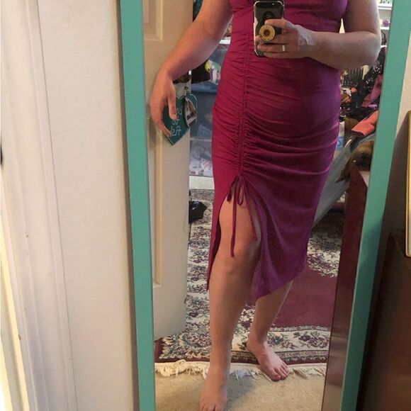 Venus XL magenta fuchsia ruched side mini dress adjustable tie straps . - Picture 2 of 6